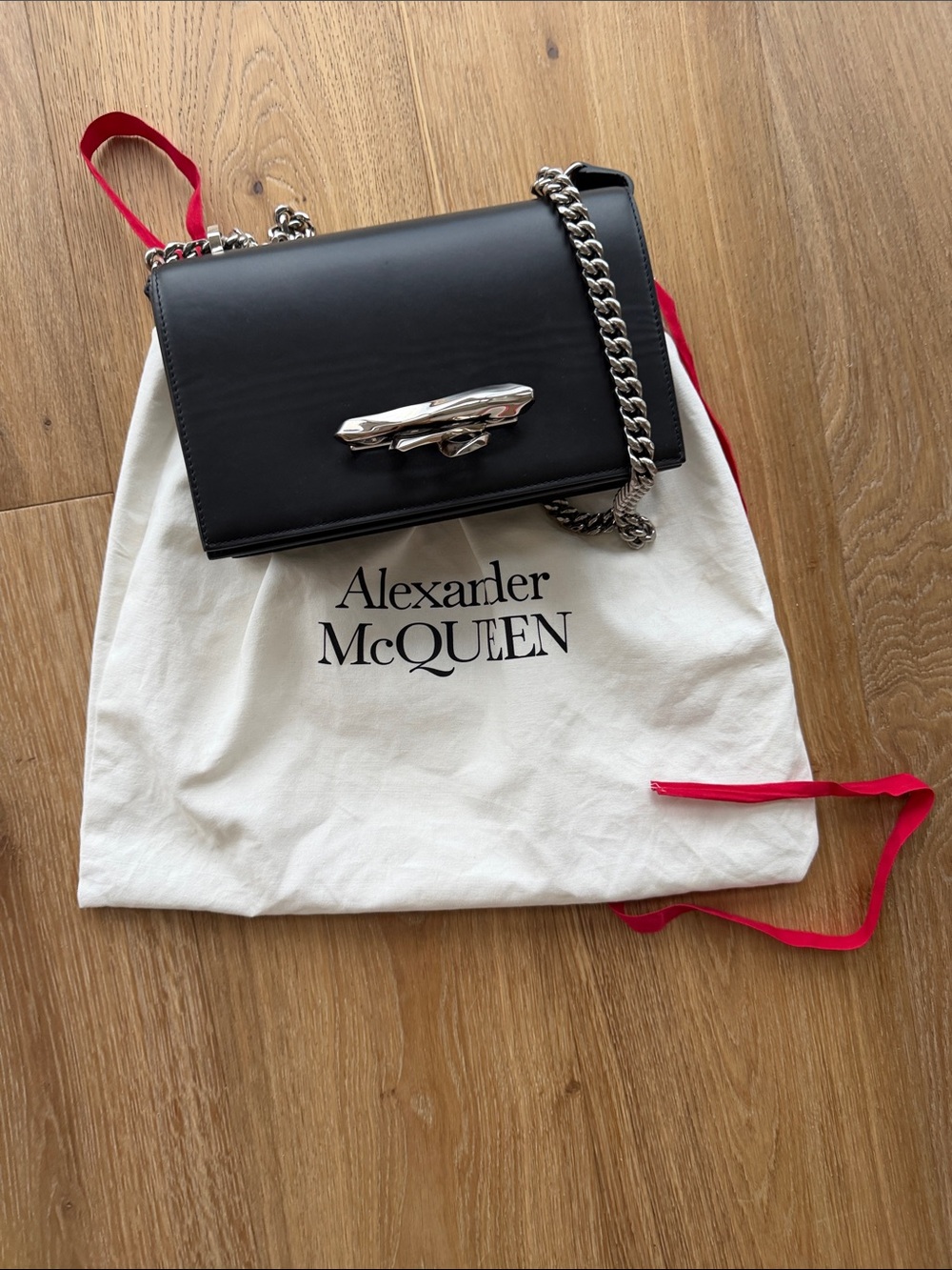 Alexander McQueen Black Leather Crossbody with Silver Chain